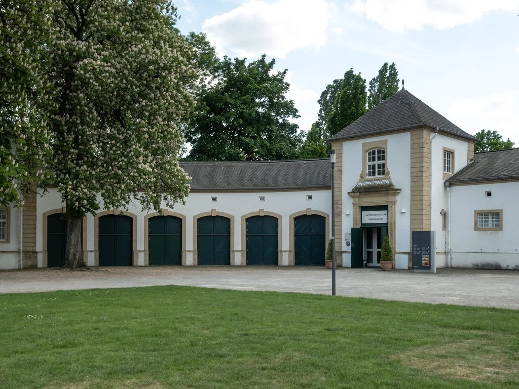 The image depicts a historic building with a series of green doors and a small tower labeled "Naturkundemuseum / Kunstmuseum." The building is surrounded by a well-maintained lawn and trees.