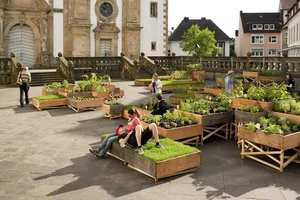 In front of an old building there are raised beds with various plants, lettuces and small green areas. A couple is lying in the grass on one of the raised beds.