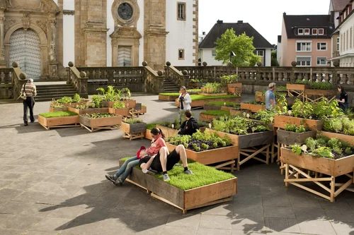 In front of an old building there are raised beds with various plants, lettuces and small green areas. A couple is lying in the grass on one of the raised beds.